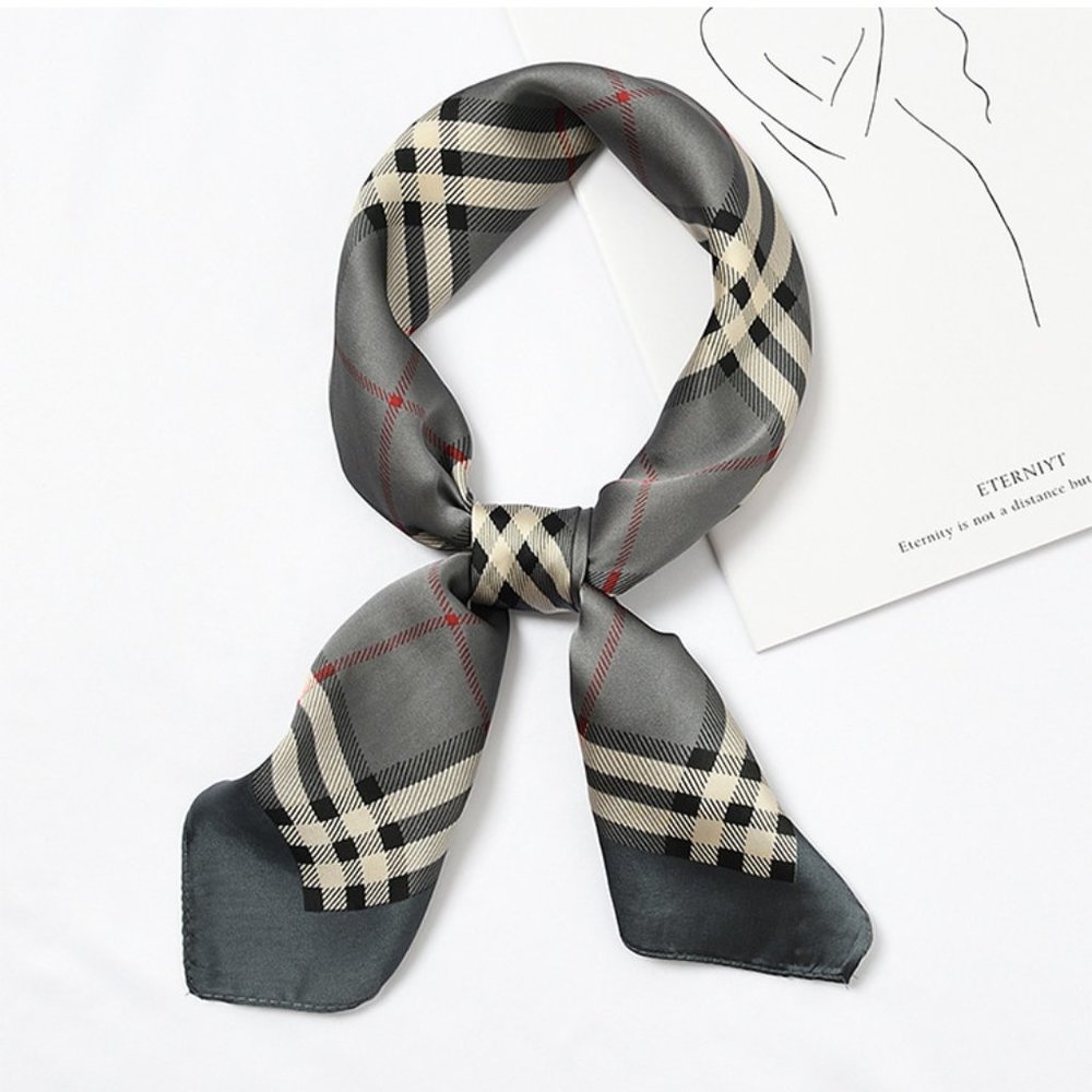 Square Silk Scarf/ Neckerchief - Grey Checks